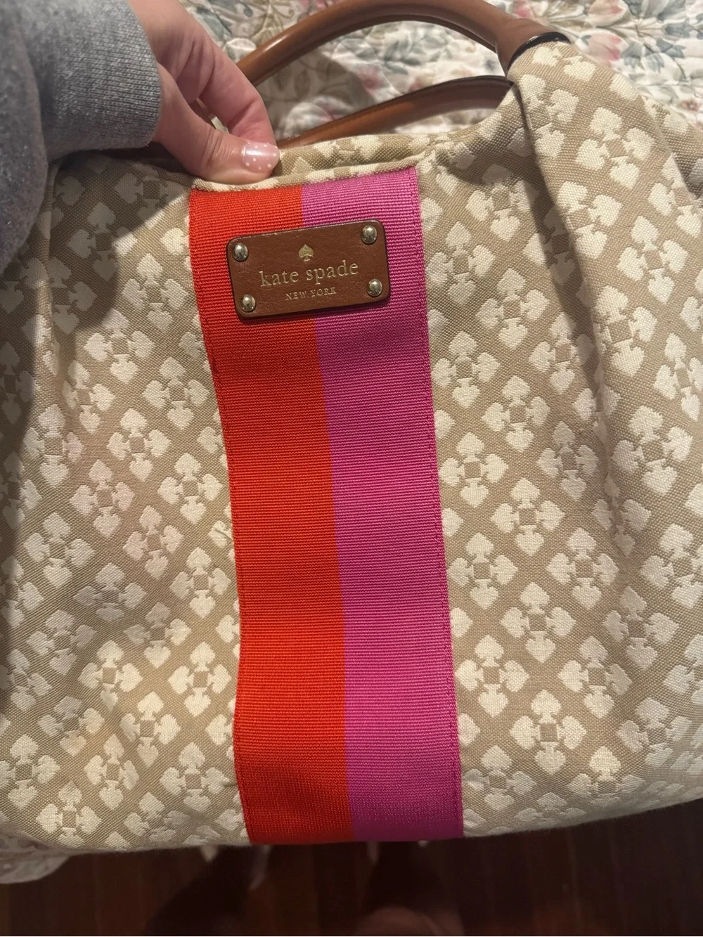 kate spade Beige Canvas Tote/Diaper Bag with Pink and Red Center Stripe